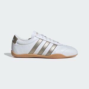 adidas Women’s White Sneakers with Metallic Gold Stripes and Gum Sole